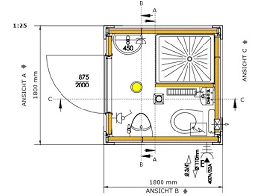 Grundriss Sanitärcontainer mini (6 Fuß)